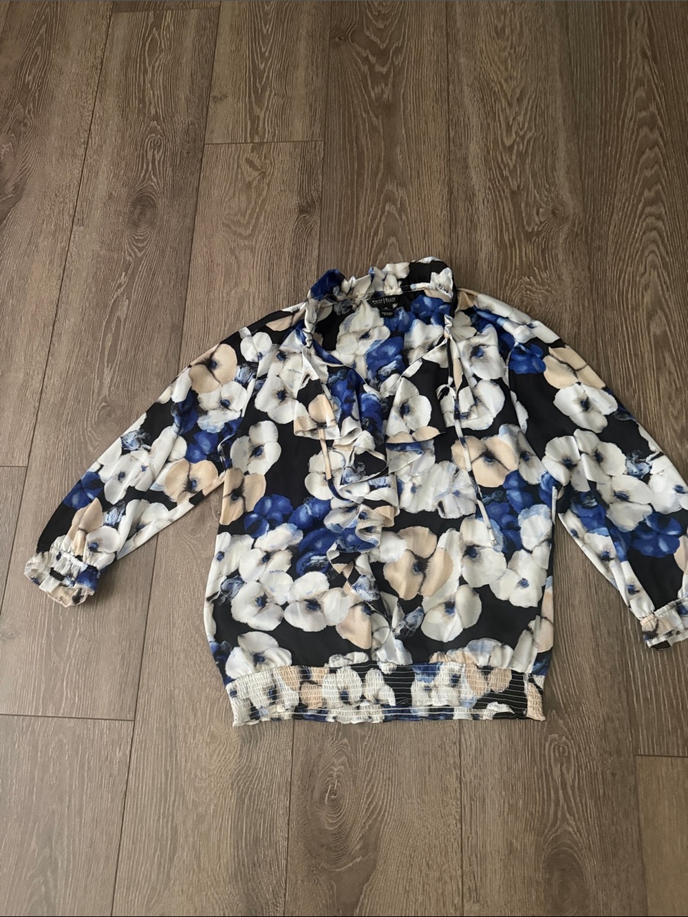 White House Black Market Blue, Cream & Black Floral Ruffle Jacket